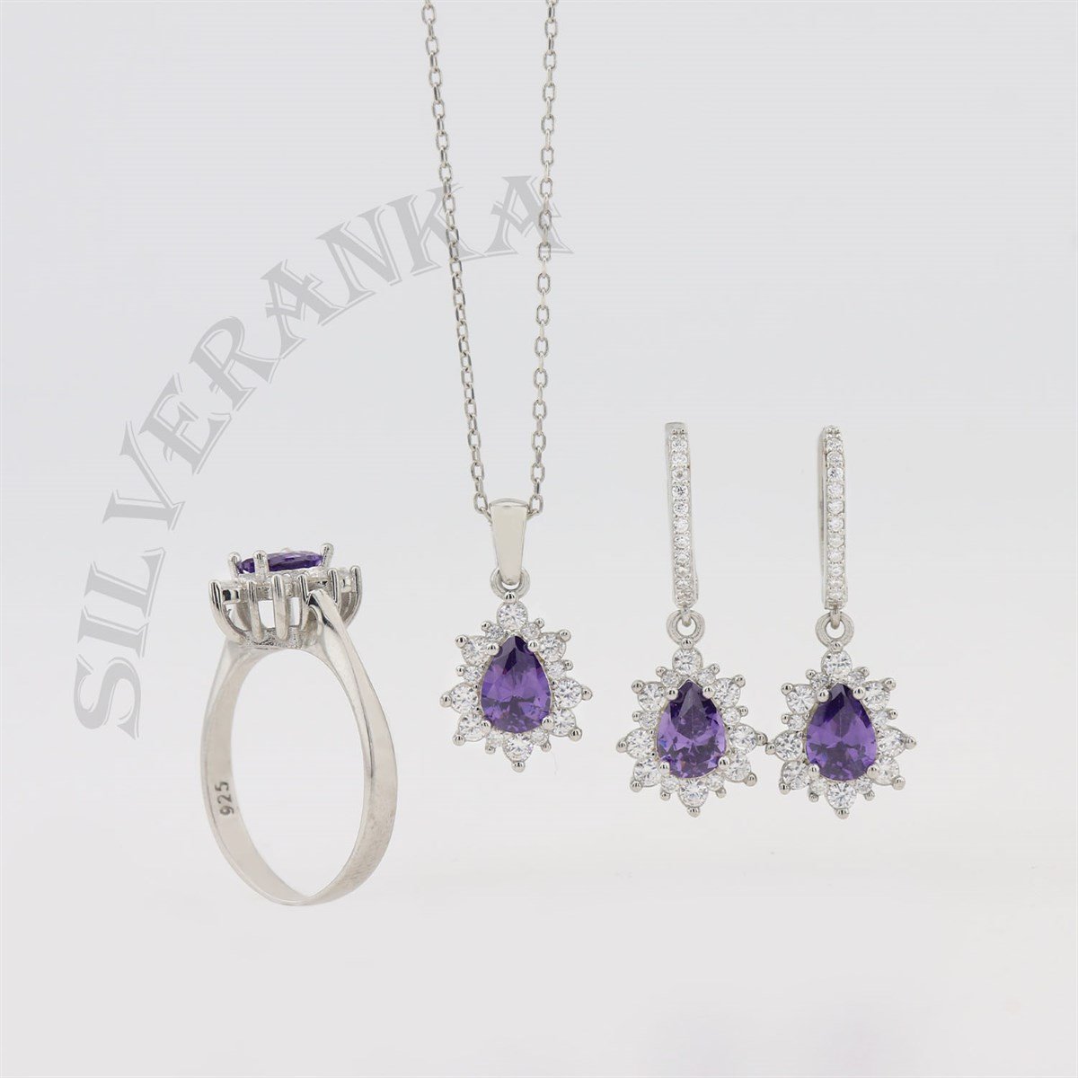 925 Ayar Gümüş Damla Ametist Taşlı Anturaj Set