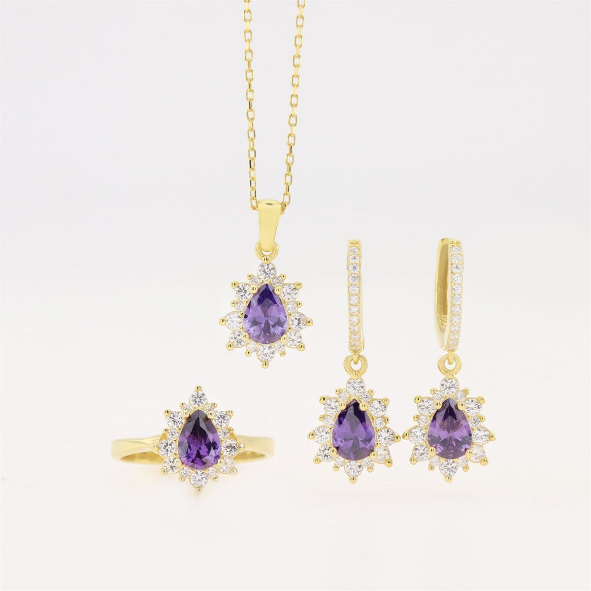 925 Ayar Gümüş Damla Ametist Taşlı Gold Anturaj Set
