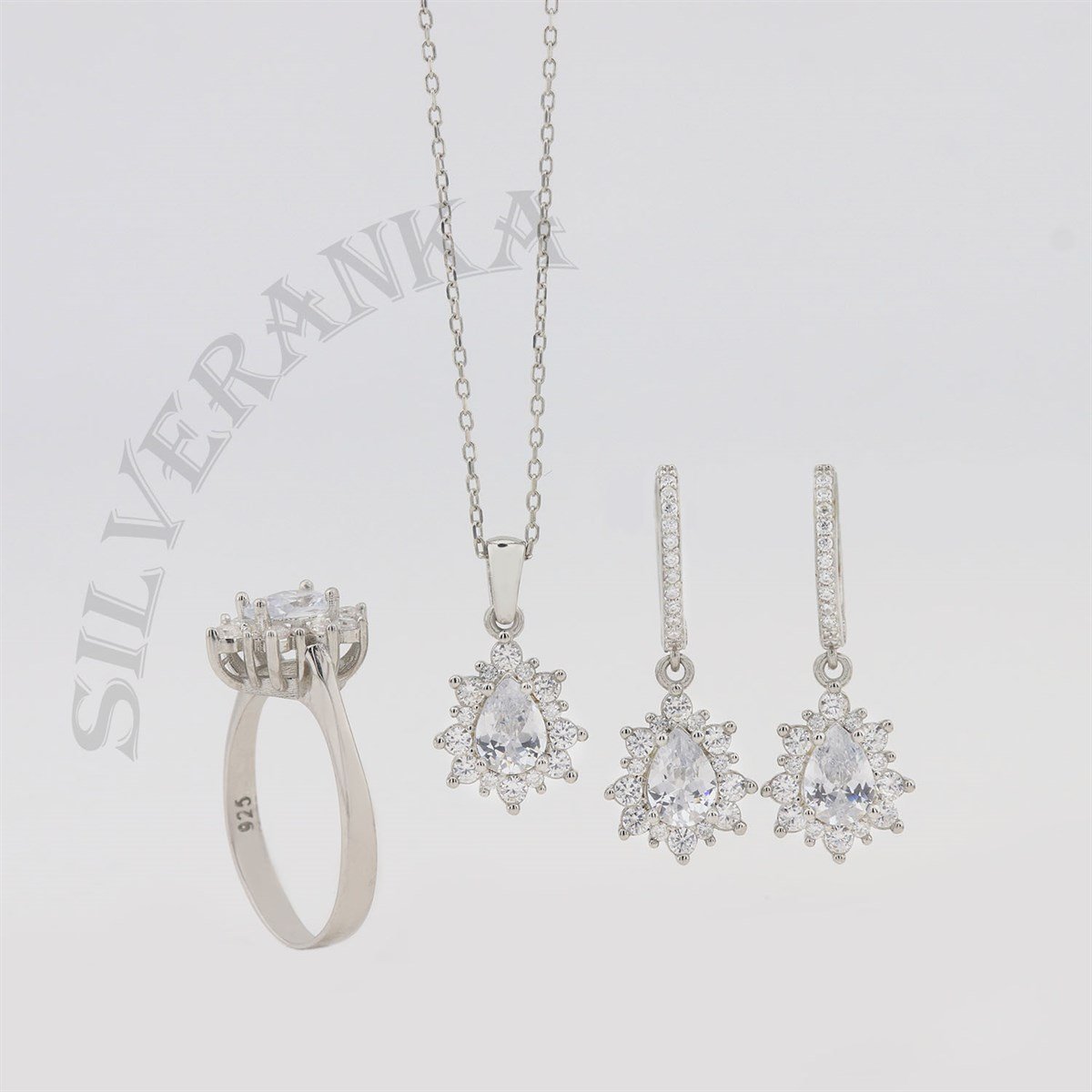 925 Ayar Gümüş Damla Beyaz Taşlı Anturaj Set