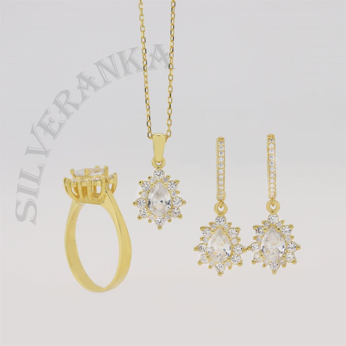 925 Ayar Gümüş Damla Beyaz Taşlı Gold Anturaj Set