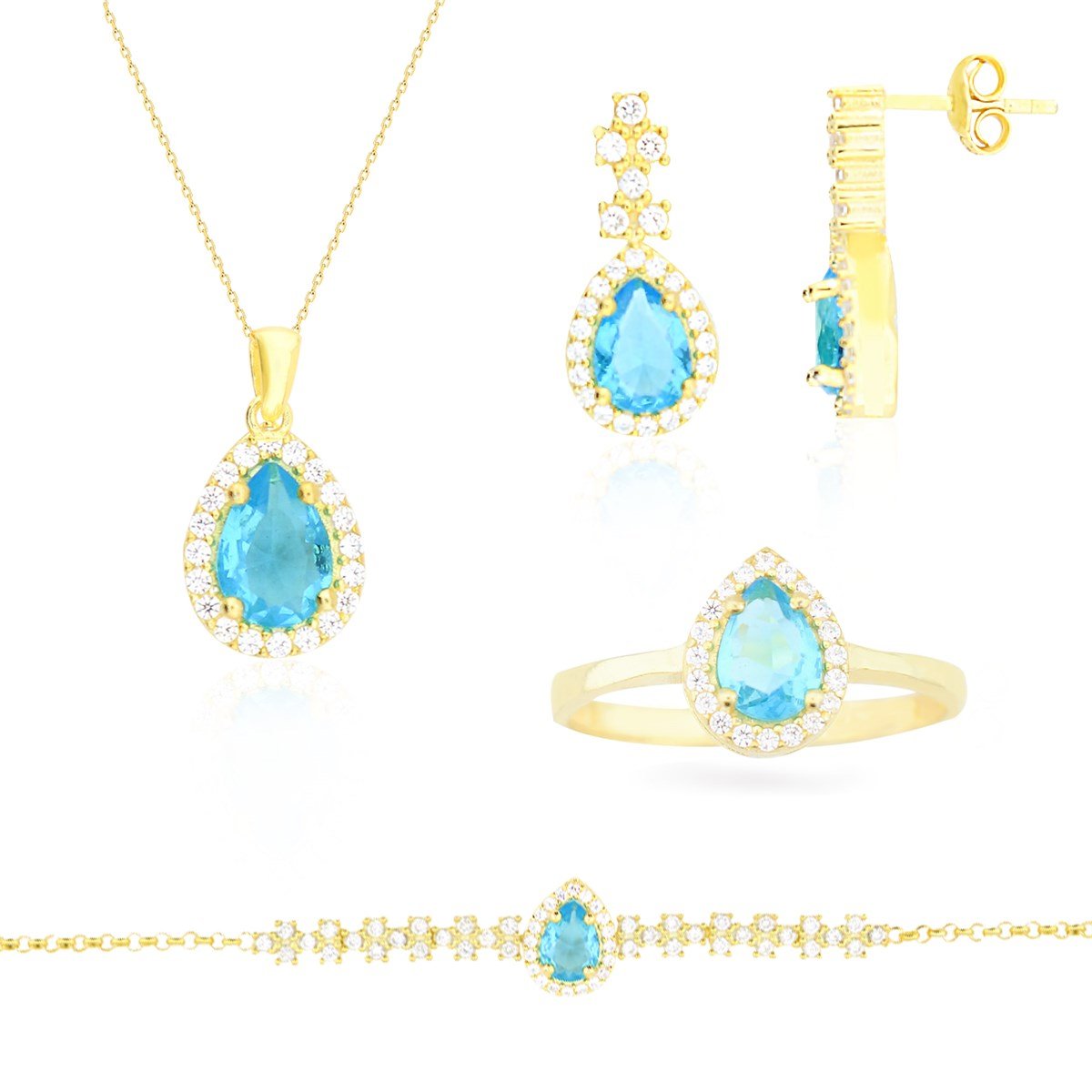925 Ayar Gümüş Damla Desen Aqua  Zarif Gold Set