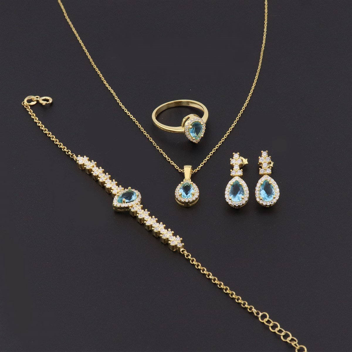 925 Ayar Gümüş Damla Desen Aqua  Zarif Gold Set