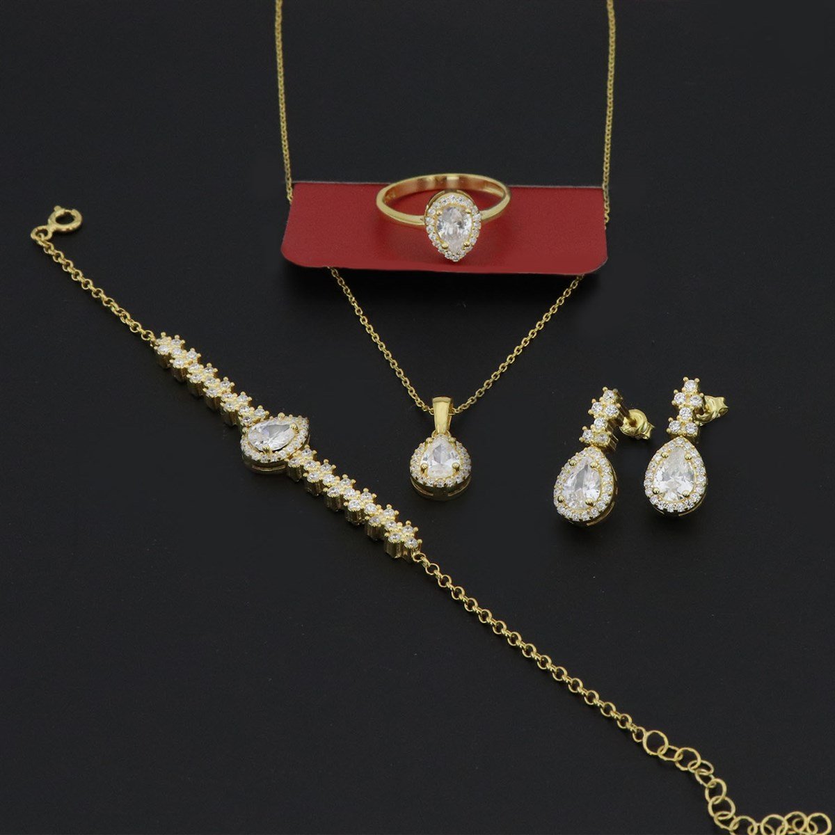 925 Ayar Gümüş Damla Desen Gold Şık Set