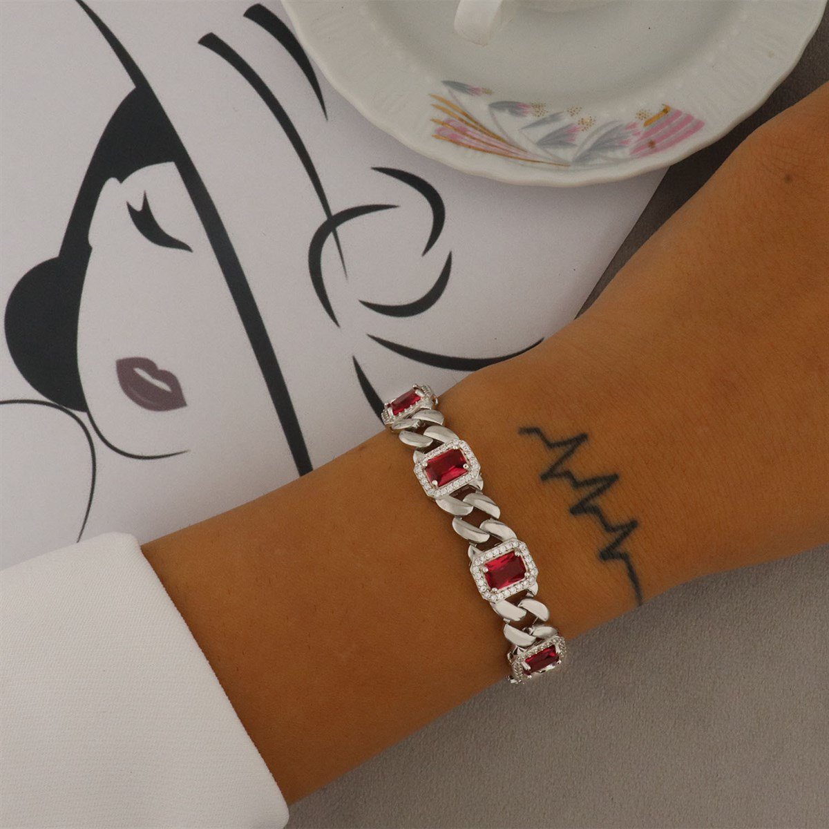 925 Ayar Gümüş Damla Desen Kırmız Biileklik