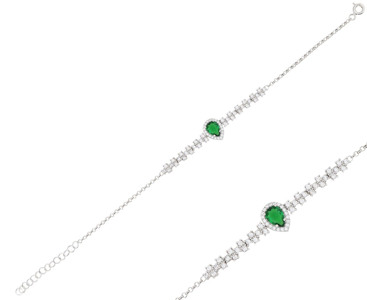 925 Ayar Gümüş Damla Desen Zümrüt Yeşili Şık Set 