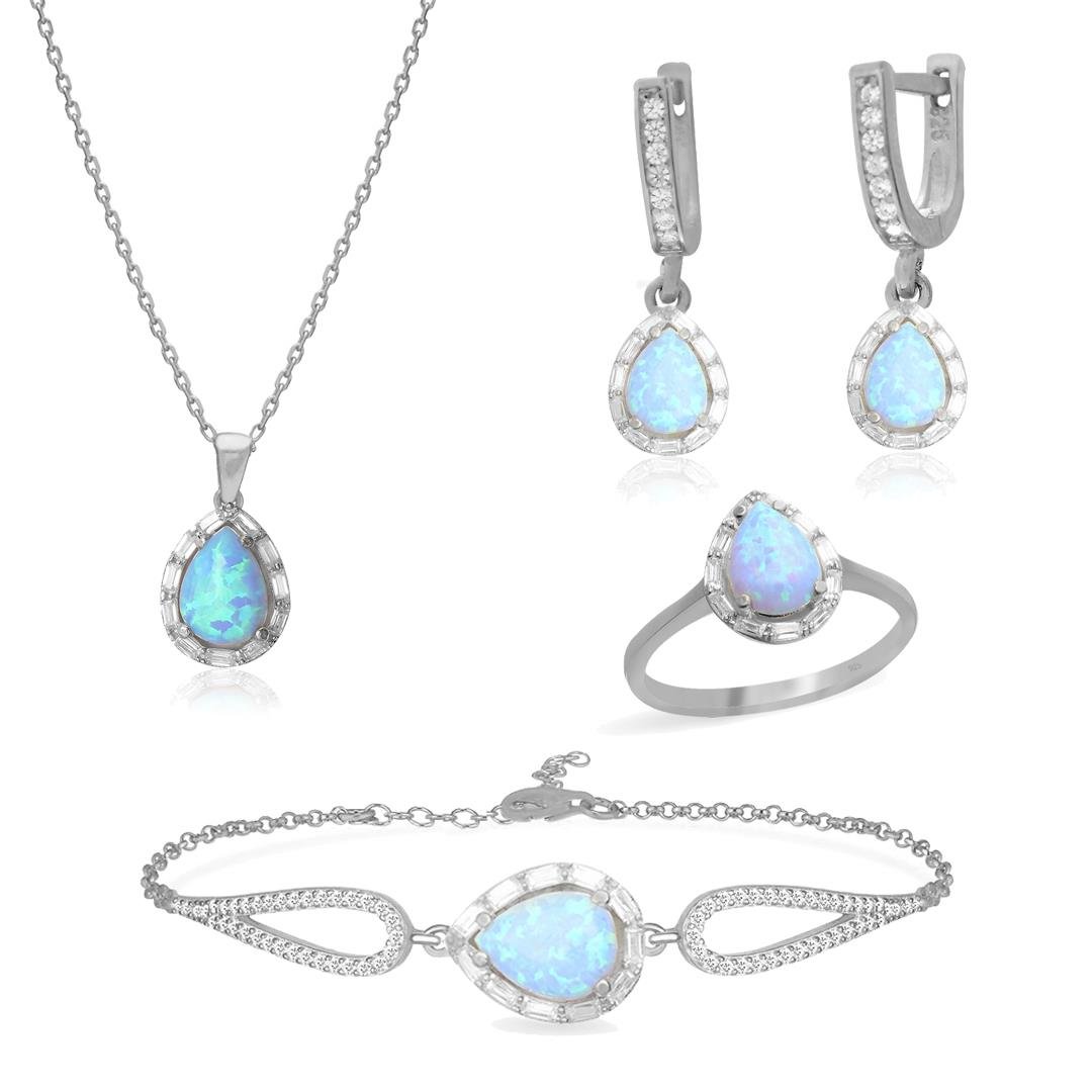 925 Ayar Gümüş Damla Opal Taşlı Takı Seti