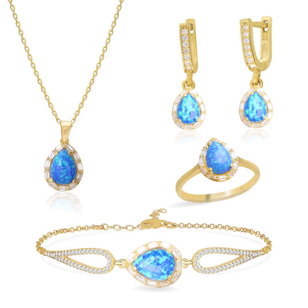 925 Ayar Gümüş Damla Opal Taşlı Takı Seti