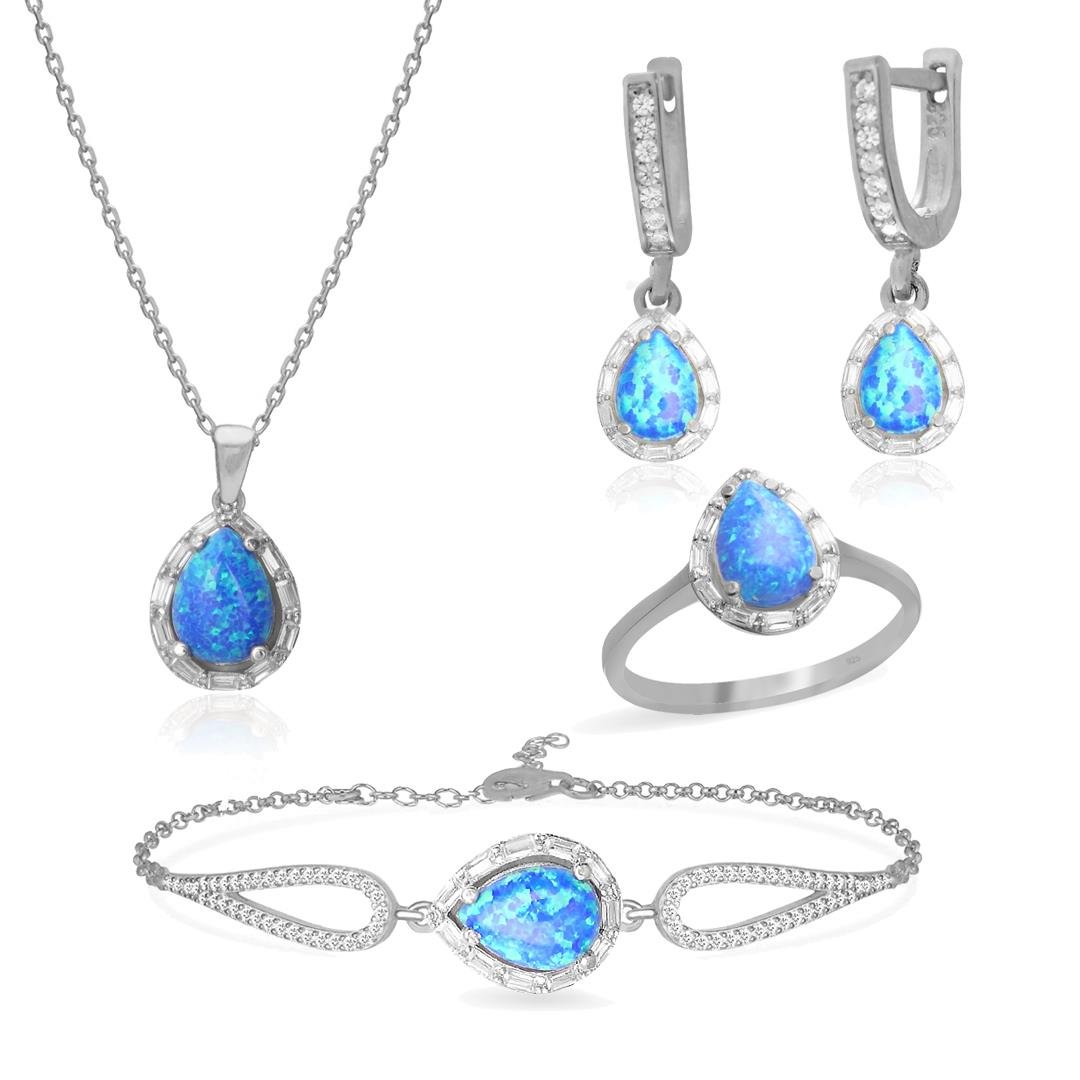 925 Ayar Gümüş Damla Opal Taşlı Takı Seti
