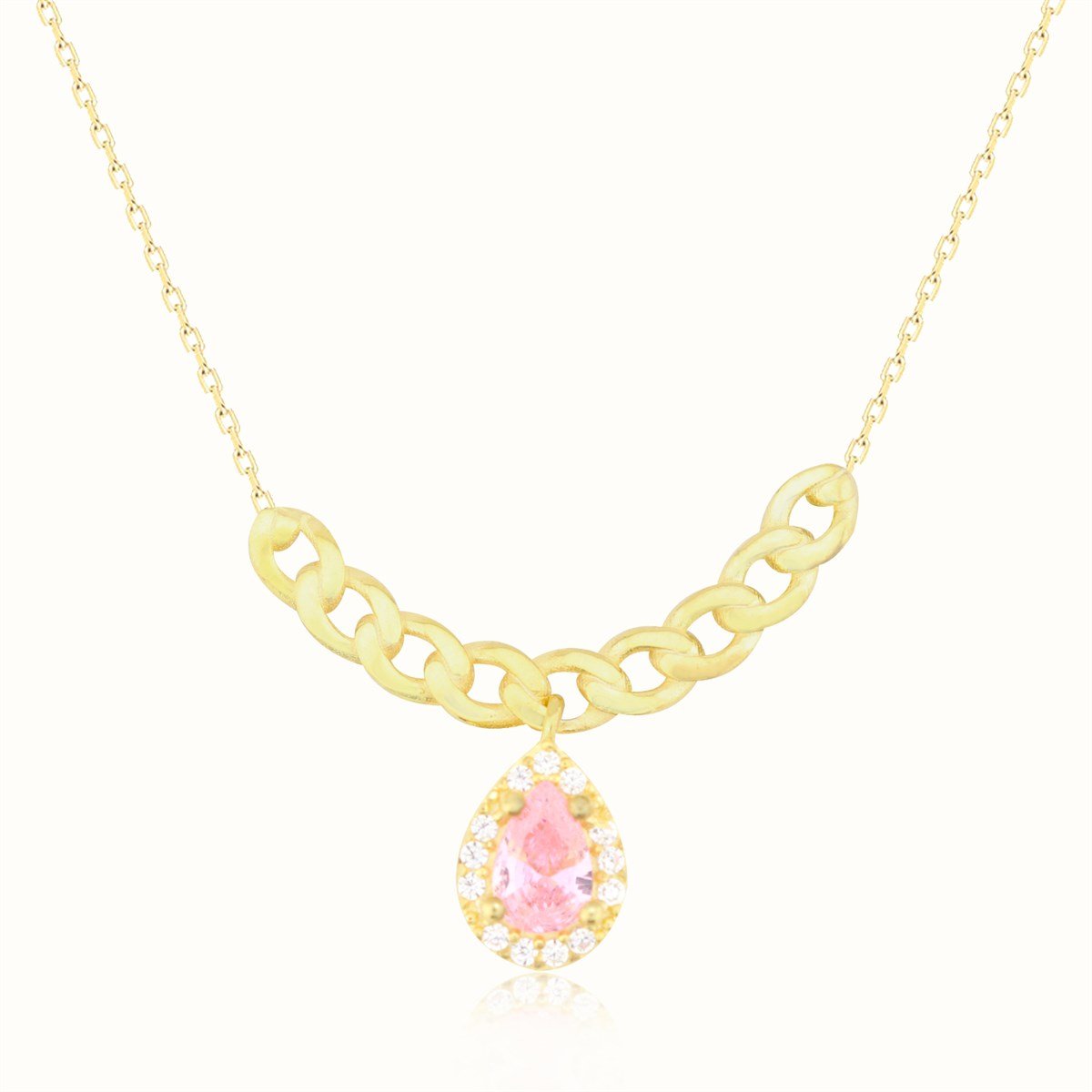 925 Ayar Gümüş Damla Pembe Taş Takı Seti Zincir Detay