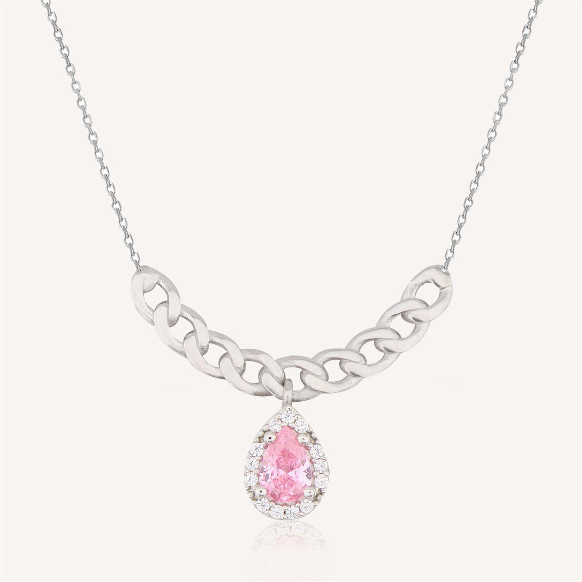 925 Ayar Gümüş Damla Pembe Taş Takı Seti Zincir Detay
