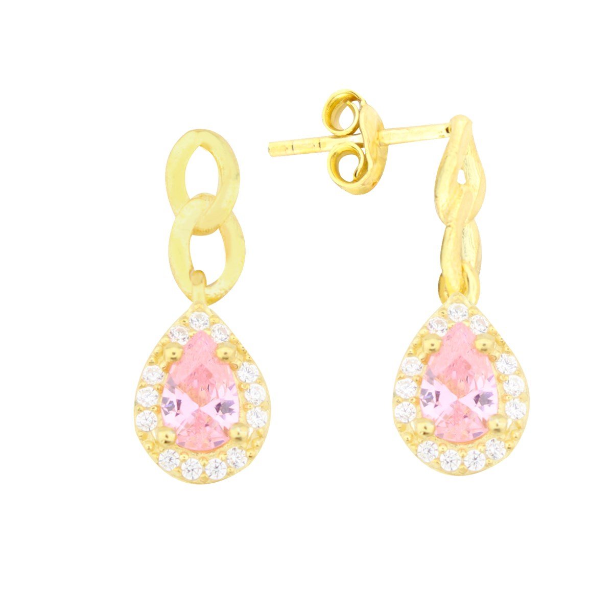 925 Ayar Gümüş Damla Pembe Taş Takı Seti Zincir Detay