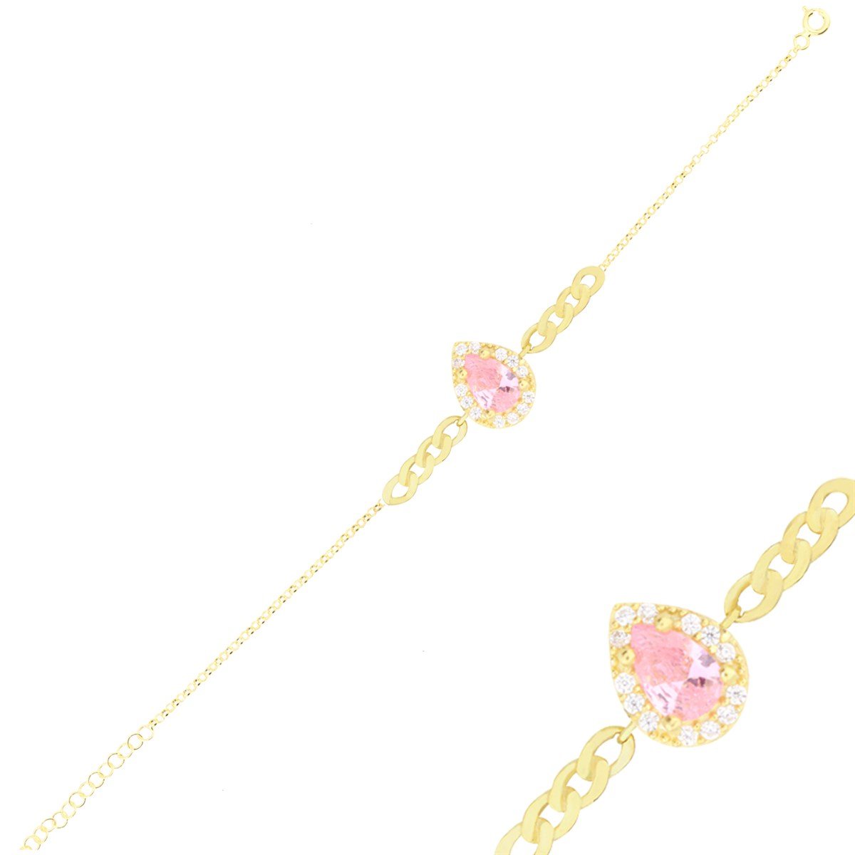 925 Ayar Gümüş Damla Pembe Taş Takı Seti Zincir Detay