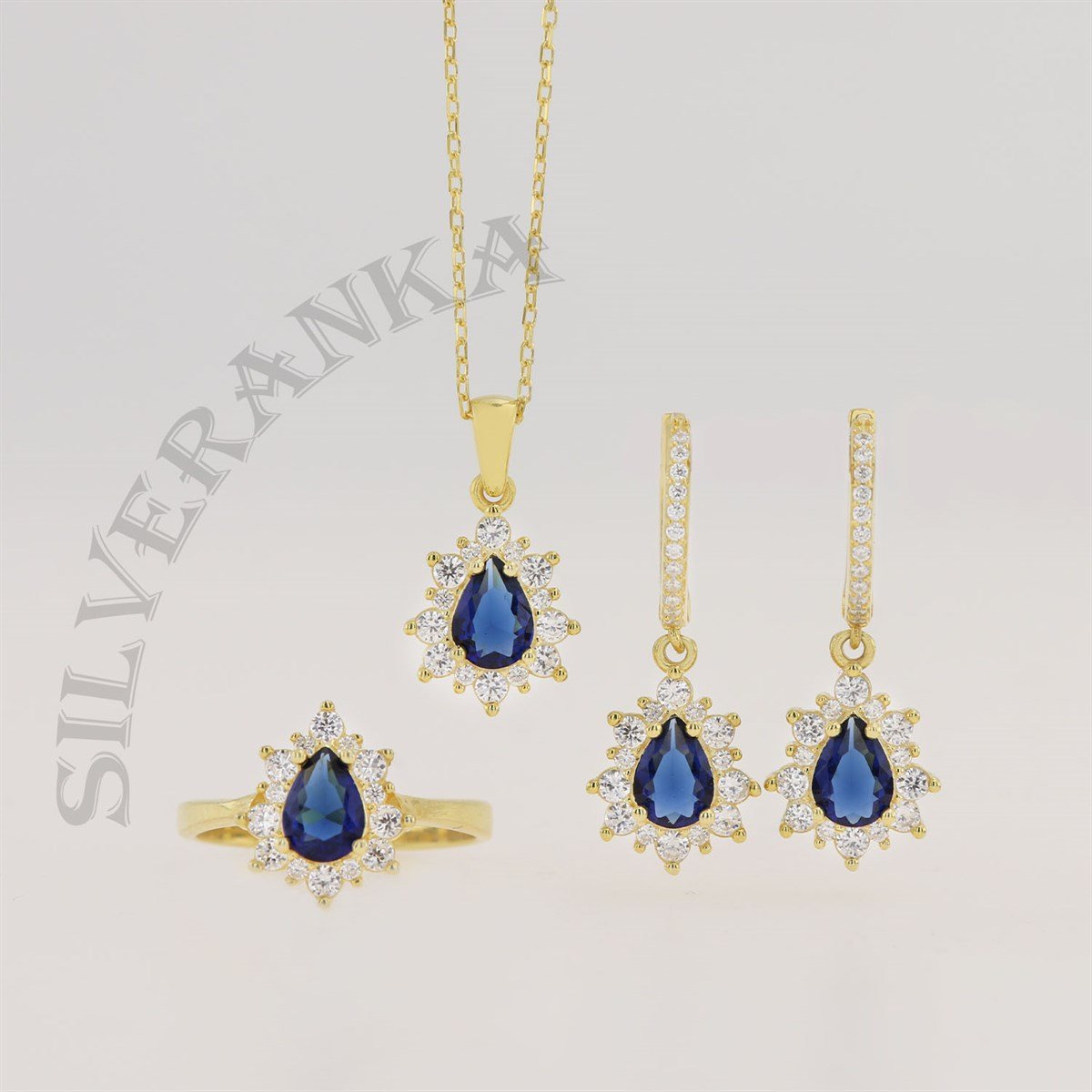 925 Ayar Gümüş Damla Safir Taşlı Gold .Anturaj Set