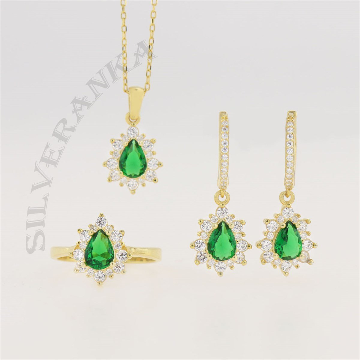 925 Ayar Gümüş Damla Zümrüt Yeşili Gold Anturaj Set