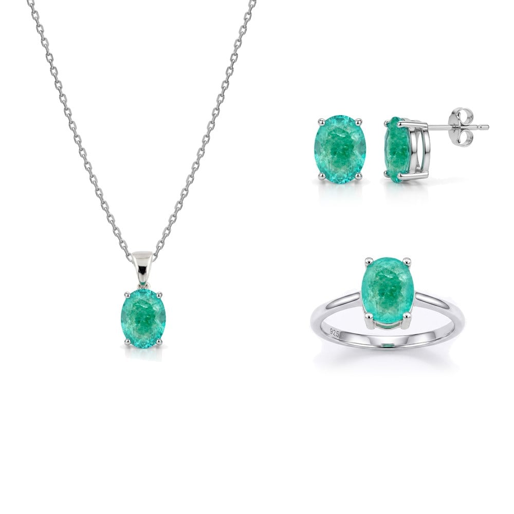 925 Ayar Gümüş Doğal Paraiba Taşlı Oval Takı Seti
