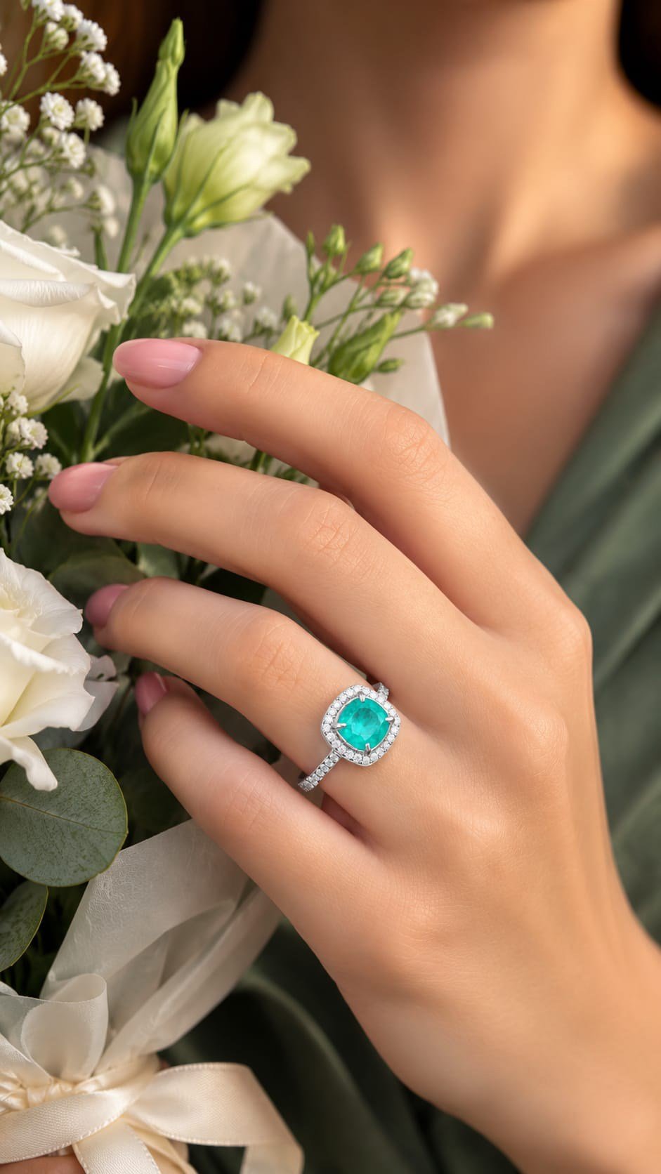 925 Ayar Gümüş Doğal Paraiba Taşlı Pırlanta Montür Yüzük