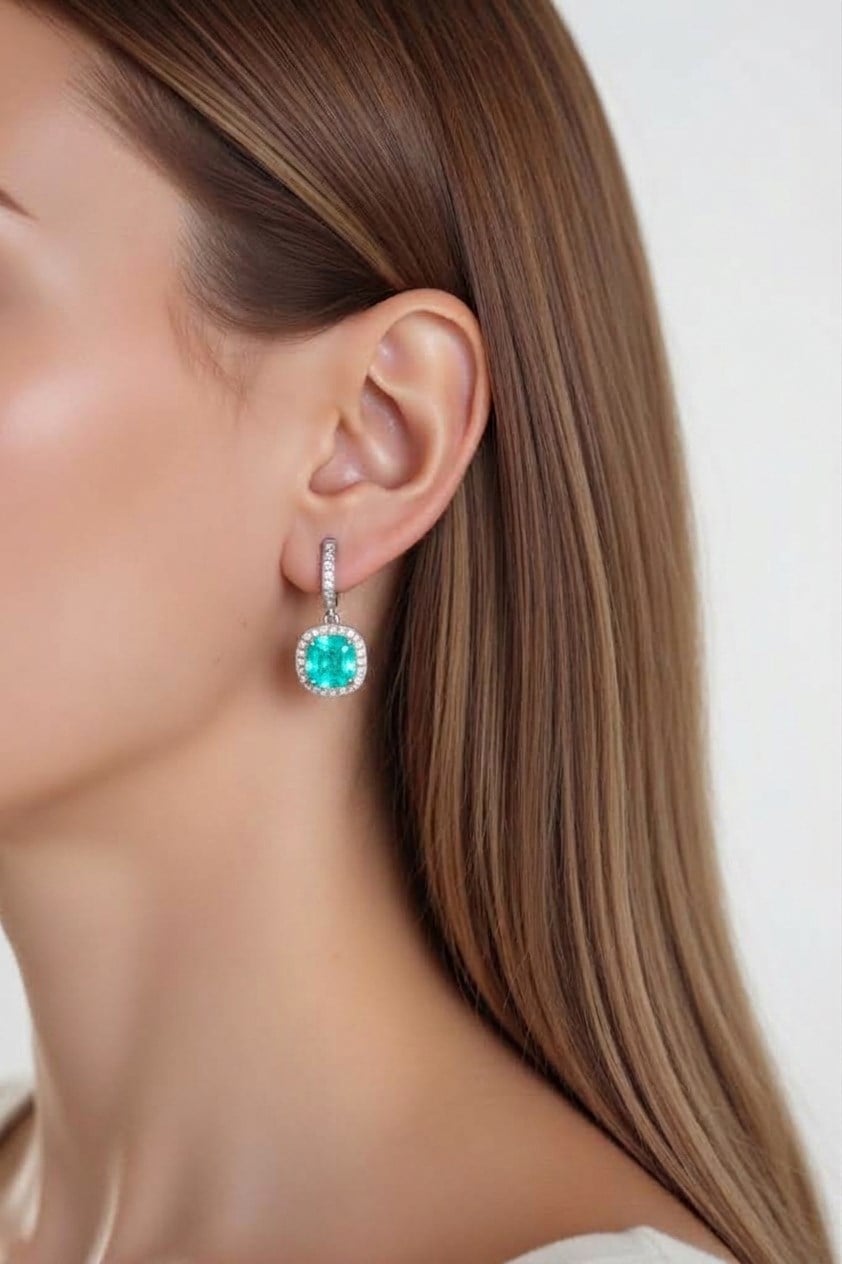 925 Ayar Gümüş Doğal Paraiba Taşlı Pırlanta Montür Küpe