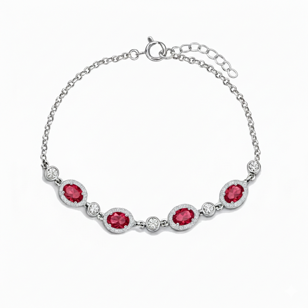 925 Ayar Gümüş Elegance Kırmızı Oval Detaylı Bileklik