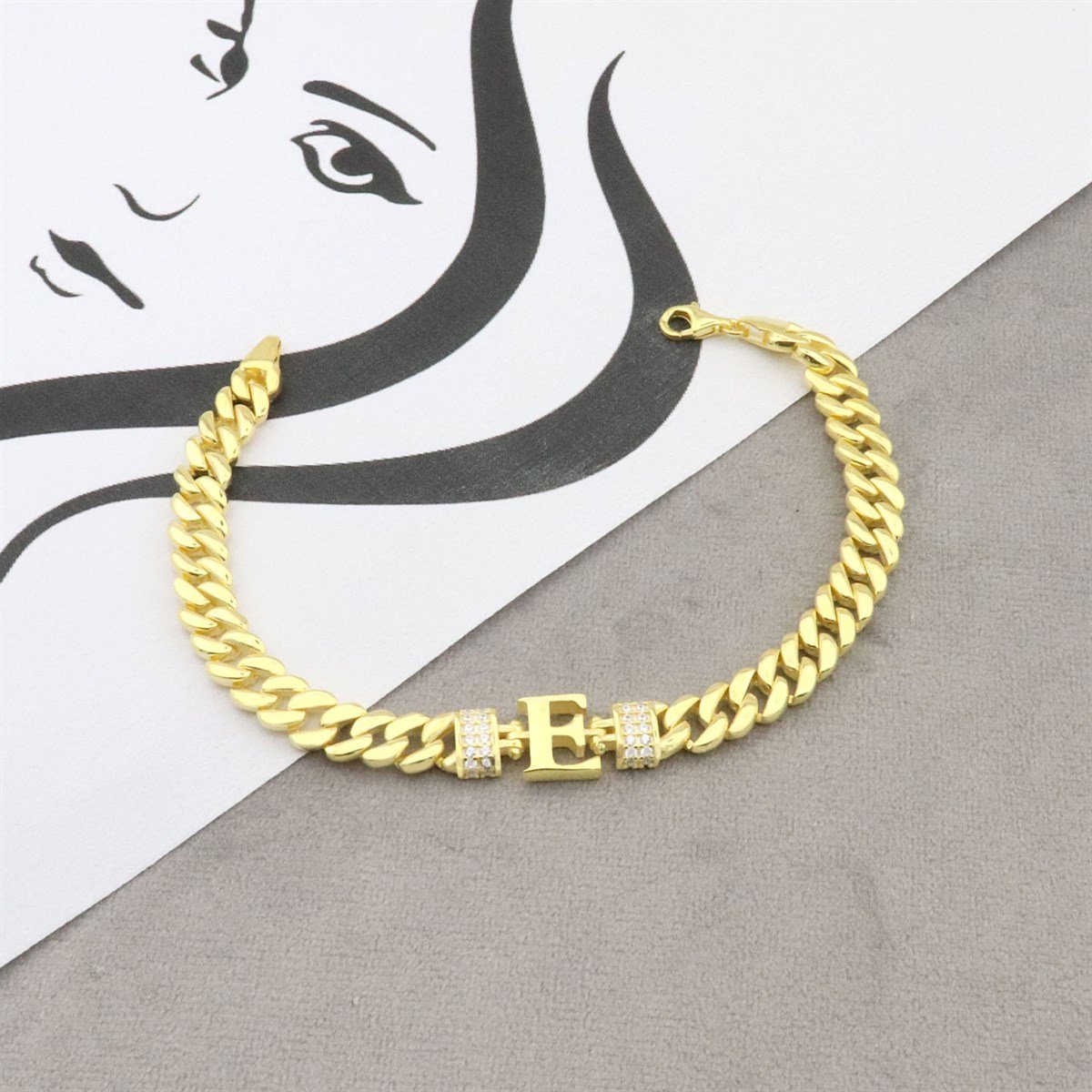 925 Ayar Gümüş Gold E Harfi Şık Bileklik