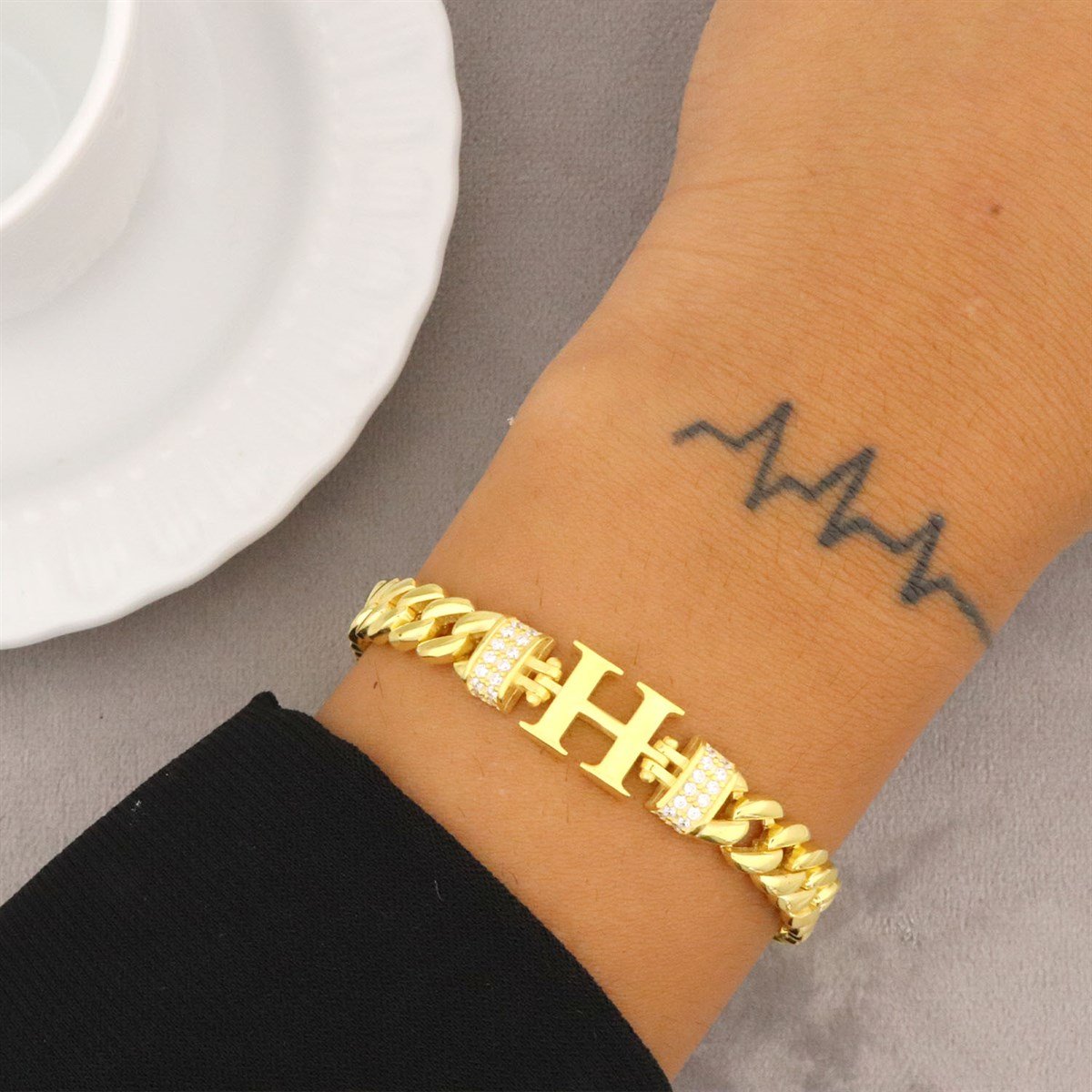 925 Ayar Gümüş Gold H Harfi Bileklik