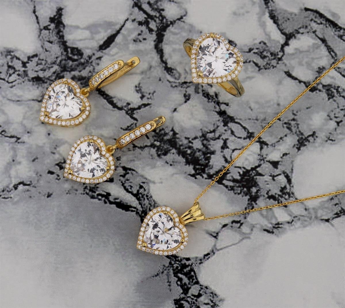 925 Ayar Gümüş Gold Pırlanta Montür Kalp Takı Seti