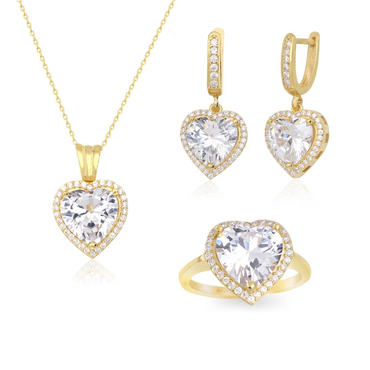 925 Ayar Gümüş Gold Pırlanta Montür Kalp Takı Seti