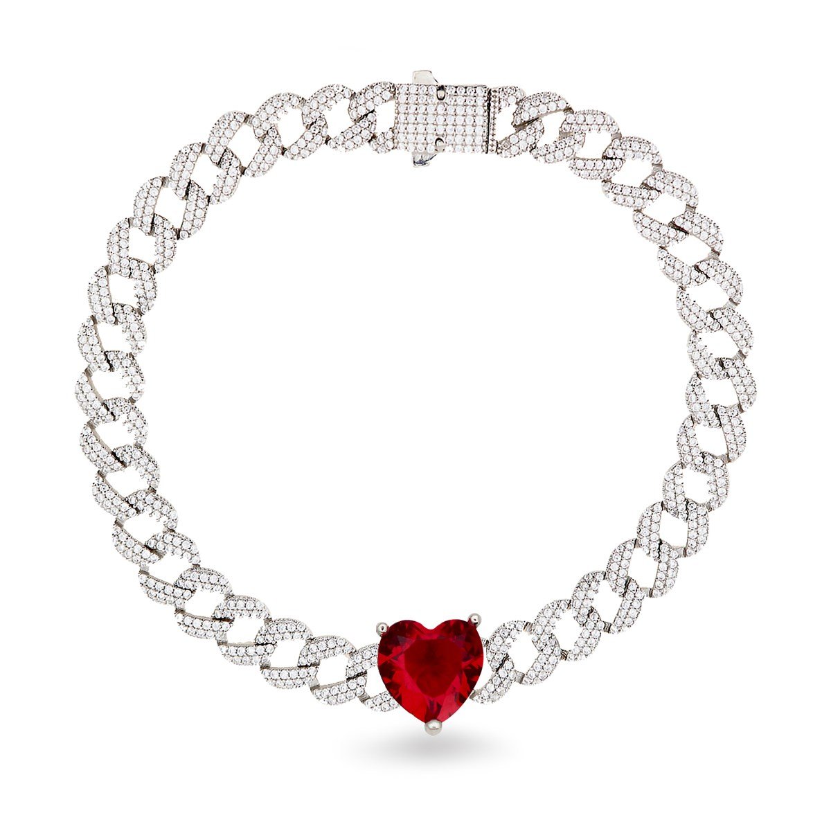 925 Ayar Gümüş Gurmet Zincir Kırmızı Kalp Detay Rodyumlu Gümüş Bileklik