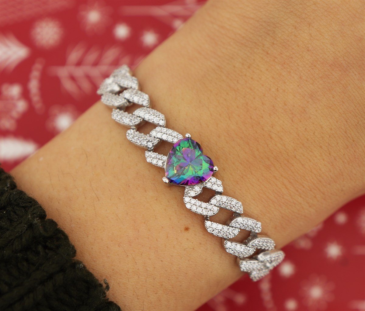925 Ayar Gümüş Gurmet Zincir Mistik Topaz Kalp Detay Rodyumlu Gümüş Bileklik
