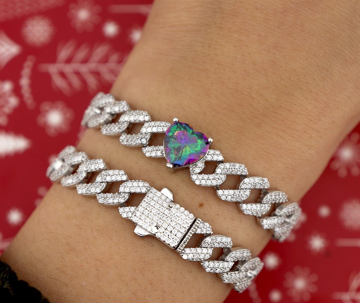 925 Ayar Gümüş Gurmet Zincir Mistik Topaz Kalp Detay Rodyumlu Gümüş Bileklik