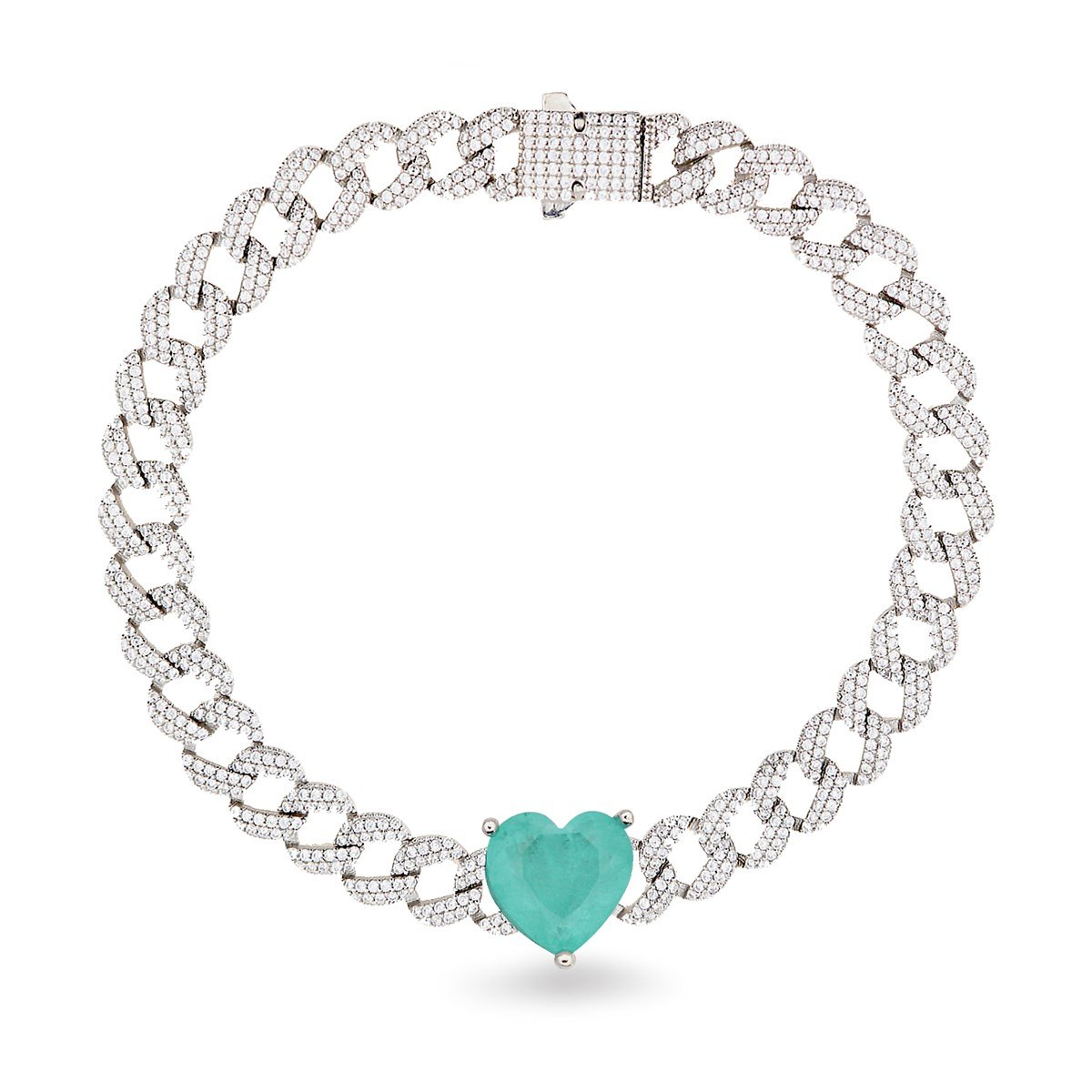 925 Ayar Gümüş Gurmet Zincir Paraiba Kalp Detay Rodyumlu Gümüş Bileklik