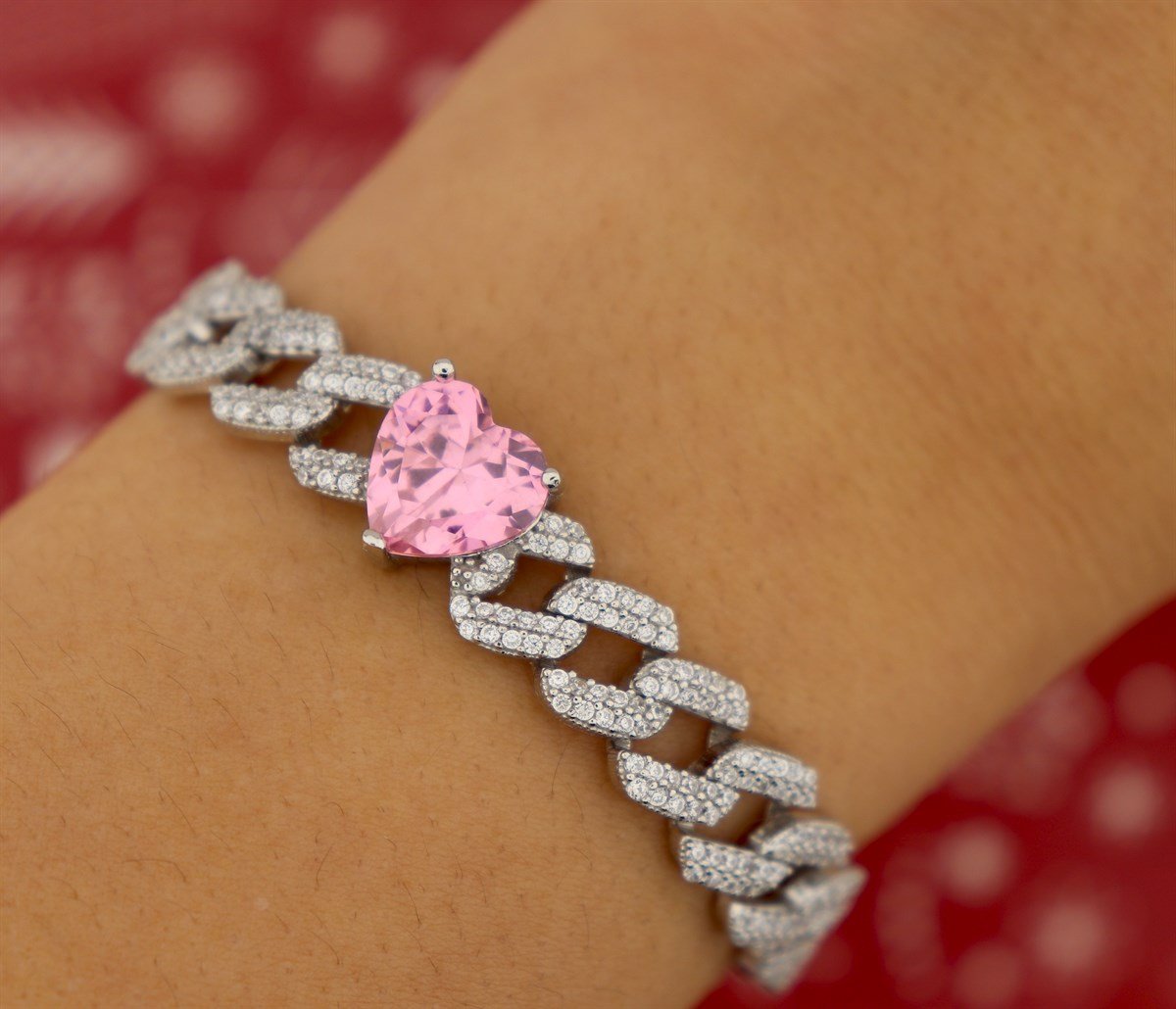 925 Ayar Gümüş Gurmet Zincir Pembe Kalp Detay Rodyumlu Gümüş Bileklik