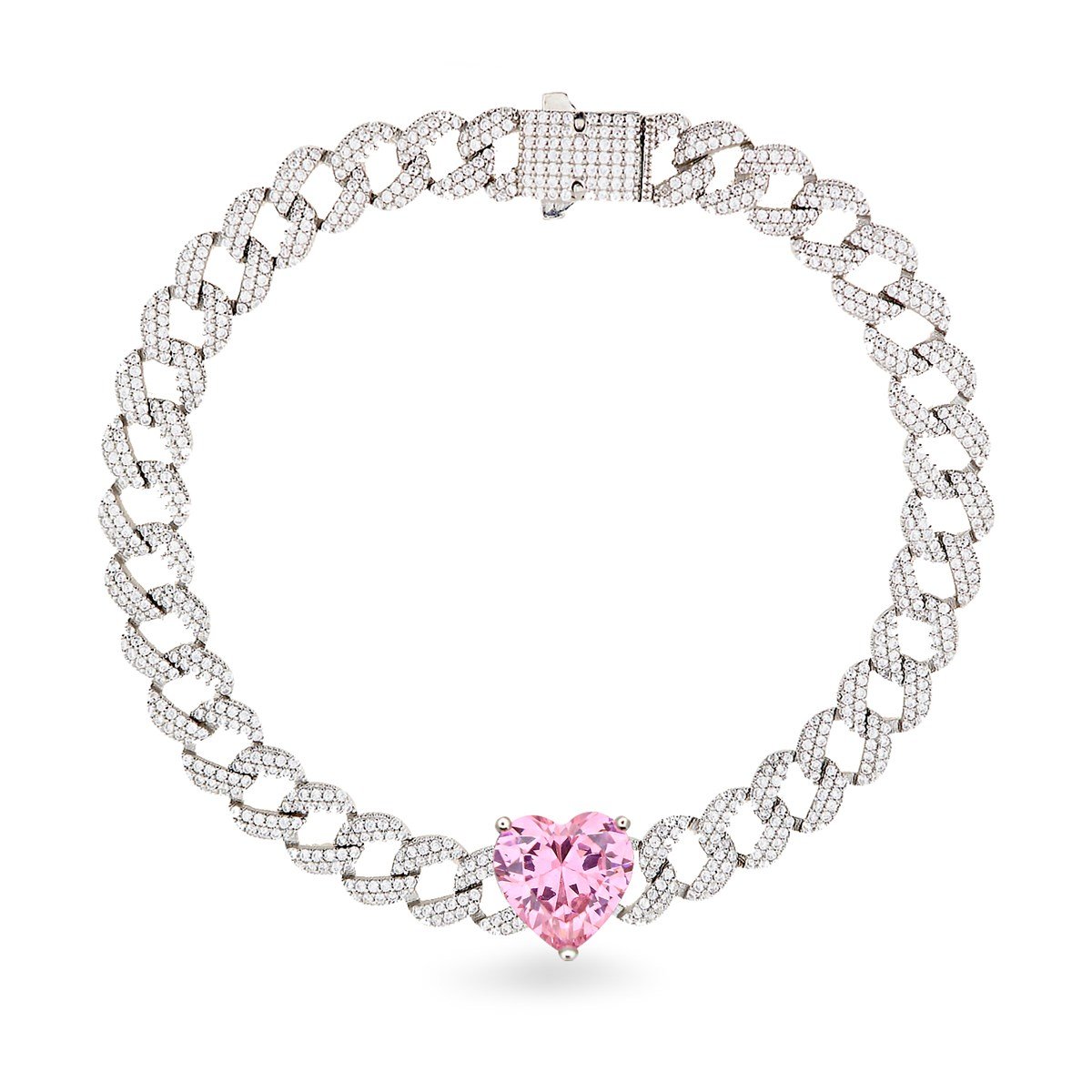 925 Ayar Gümüş Gurmet Zincir Pembe Kalp Detay Rodyumlu Gümüş Bileklik