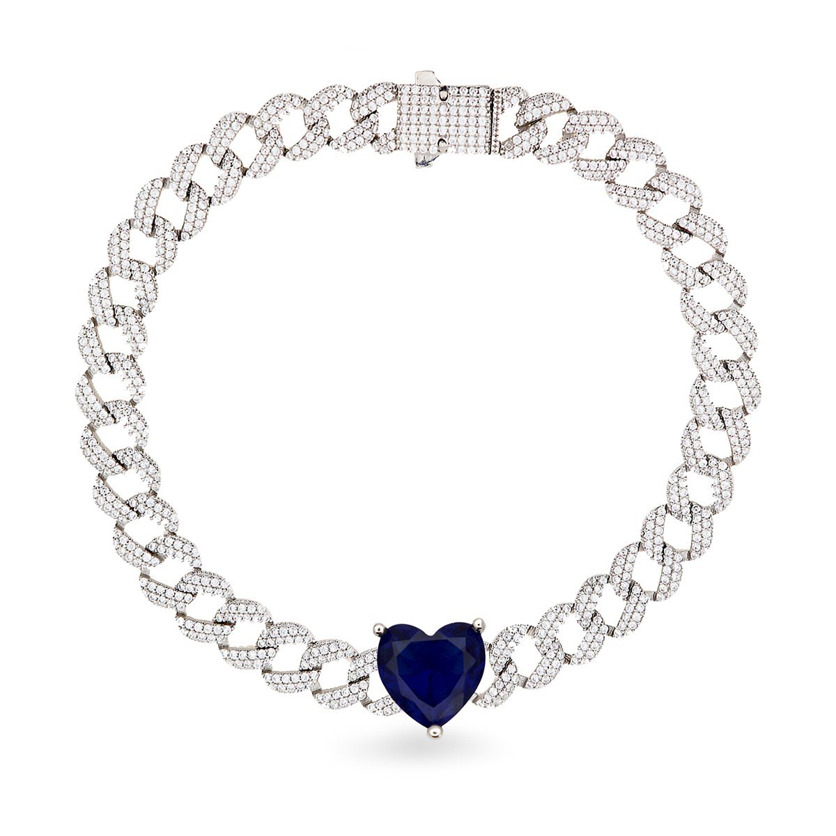 925 Ayar Gümüş Gurmet Zincir Safir Kalp Detay Rodyumlu Gümüş Bileklik