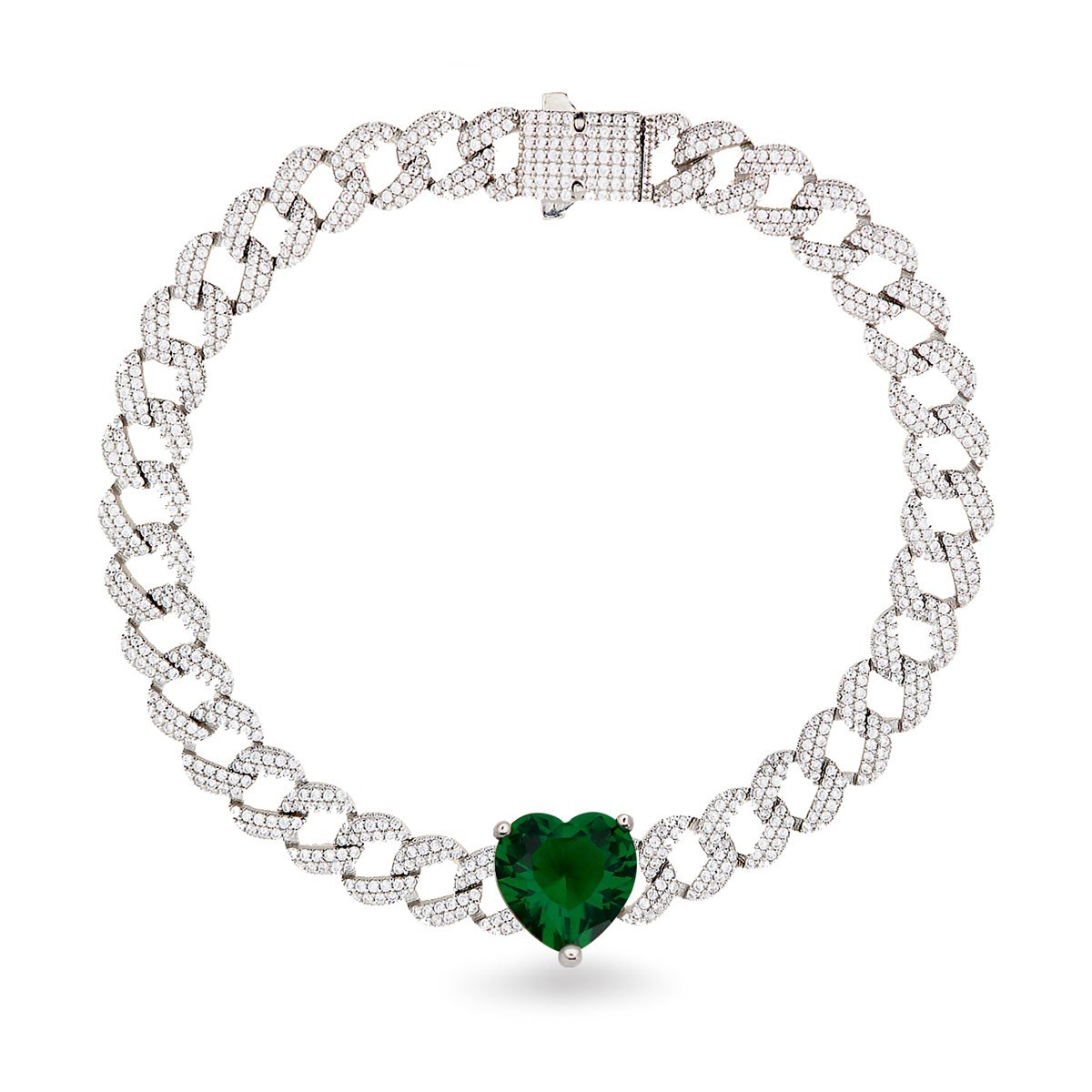 925 Ayar Gümüş Gurmet Zincir Zümrüt Kalp Detay Rodyumlu Gümüş Bileklik