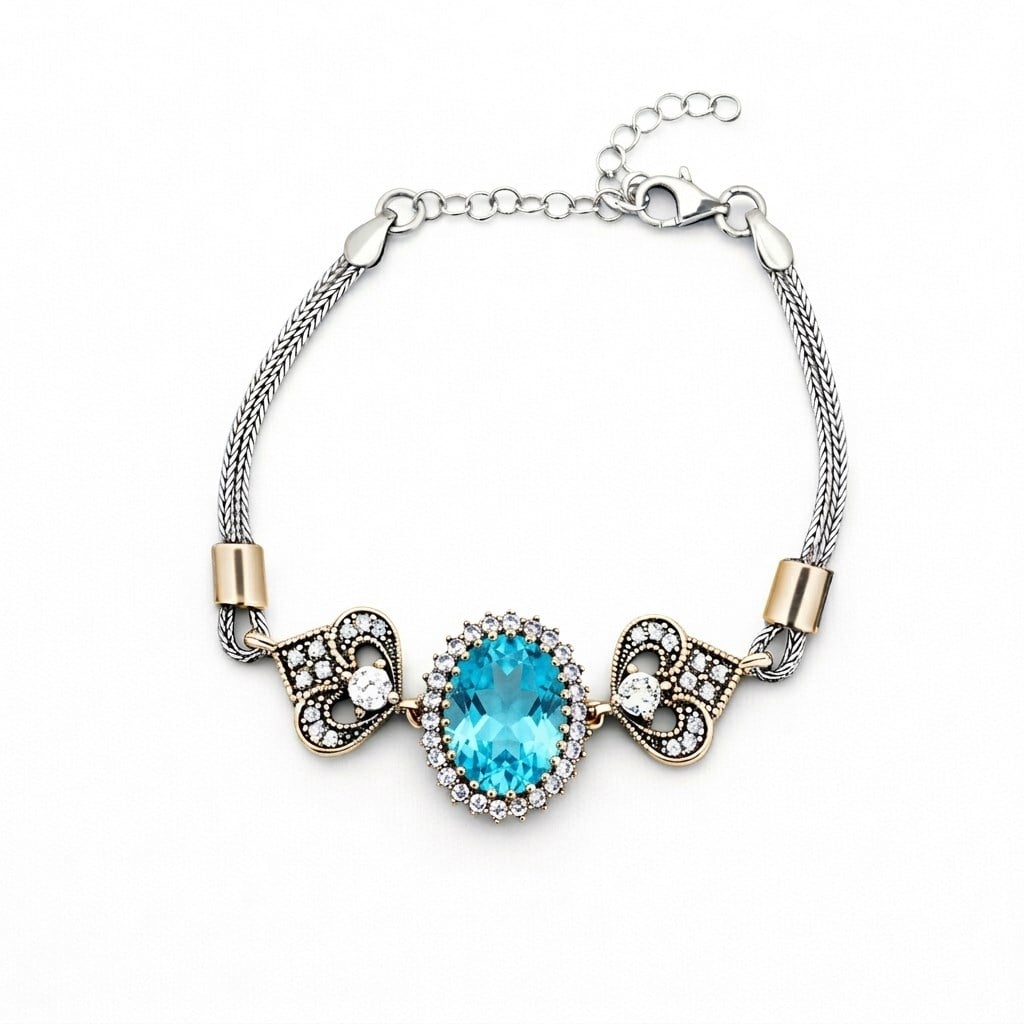 925 Ayar Gümüş Hürrem Sultan Aqua Oval Taş Otantik Bileklik