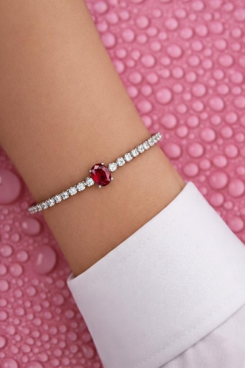 925 Ayar Gümüş Işıltılı Kırmızı Oval Taşlı Tenis Bileklik