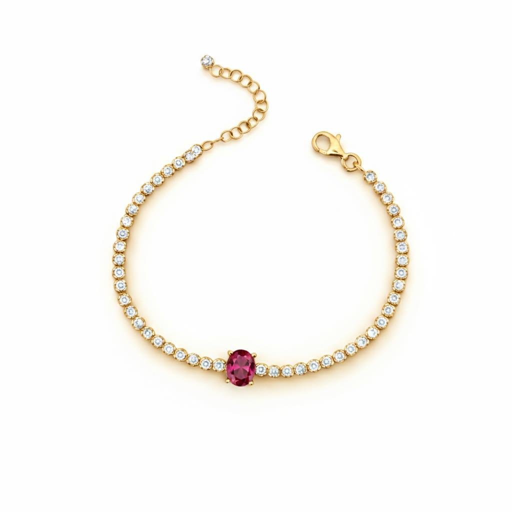 925 Ayar Gümüş Işıltılı Kırmızı Oval Taşlı Tenis Bileklik