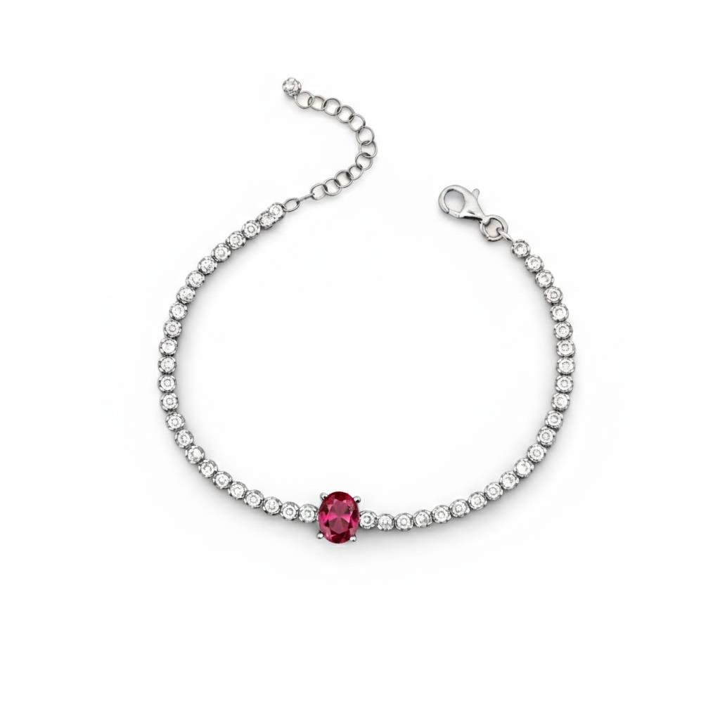 925 Ayar Gümüş Işıltılı Kırmızı Oval Taşlı Tenis Bileklik