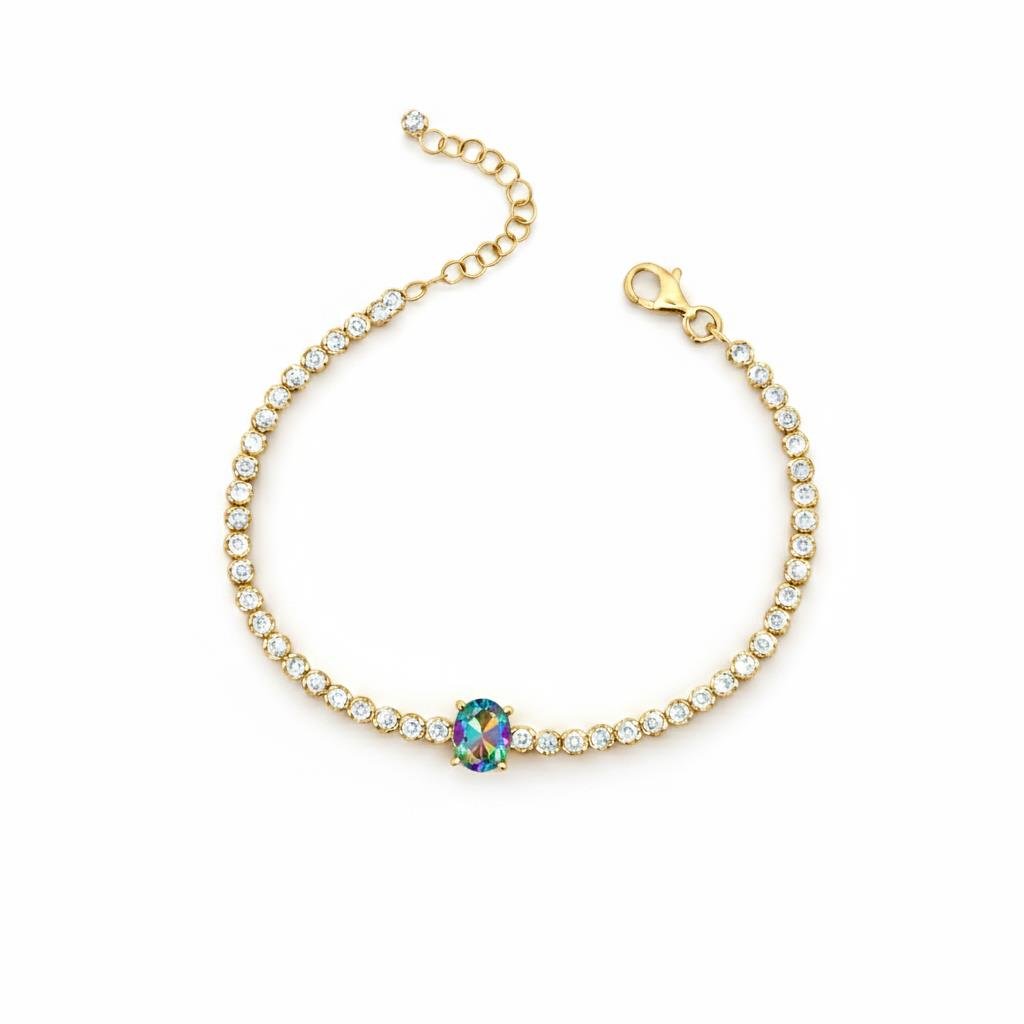 925 Ayar Gümüş Işıltılı Mistik Topaz Oval Taşlı Tenis Bileklik