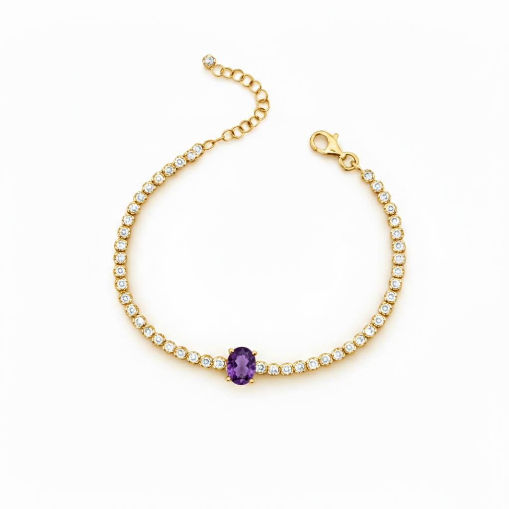 925 Ayar Gümüş Işıltılı Oval Ametist Taşlı Tenis Bileklik