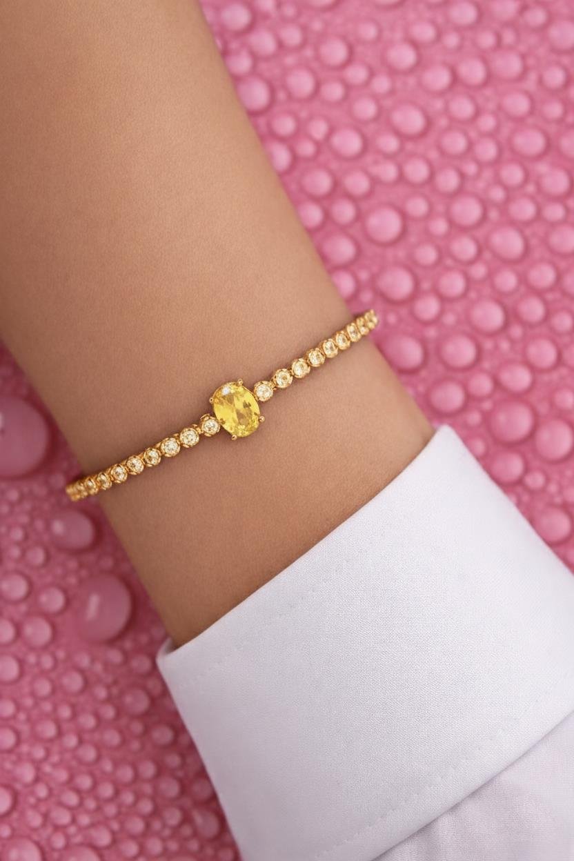 925 Ayar Gümüş Işıltılı Oval Sitrin Taşlı Tenis Bileklik