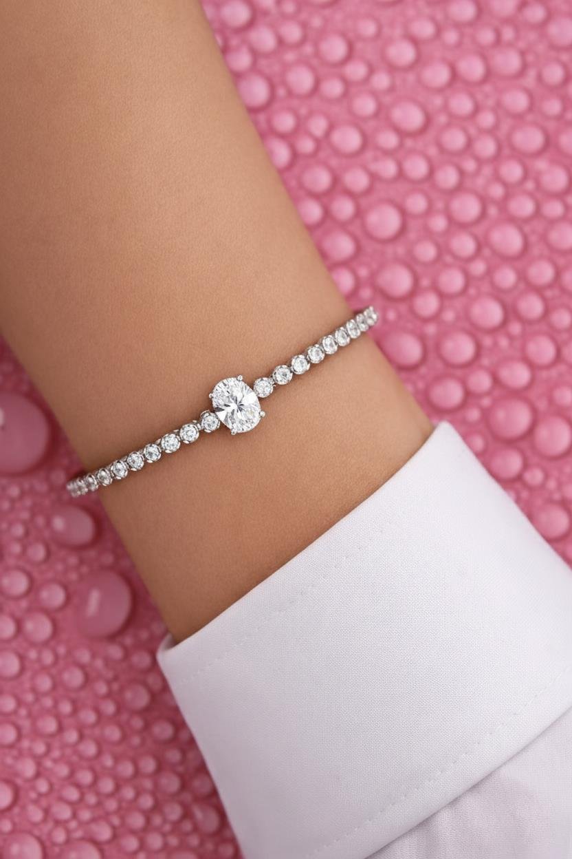 925 Ayar Gümüş Işıltılı Oval Taşlı Tenis Bileklik