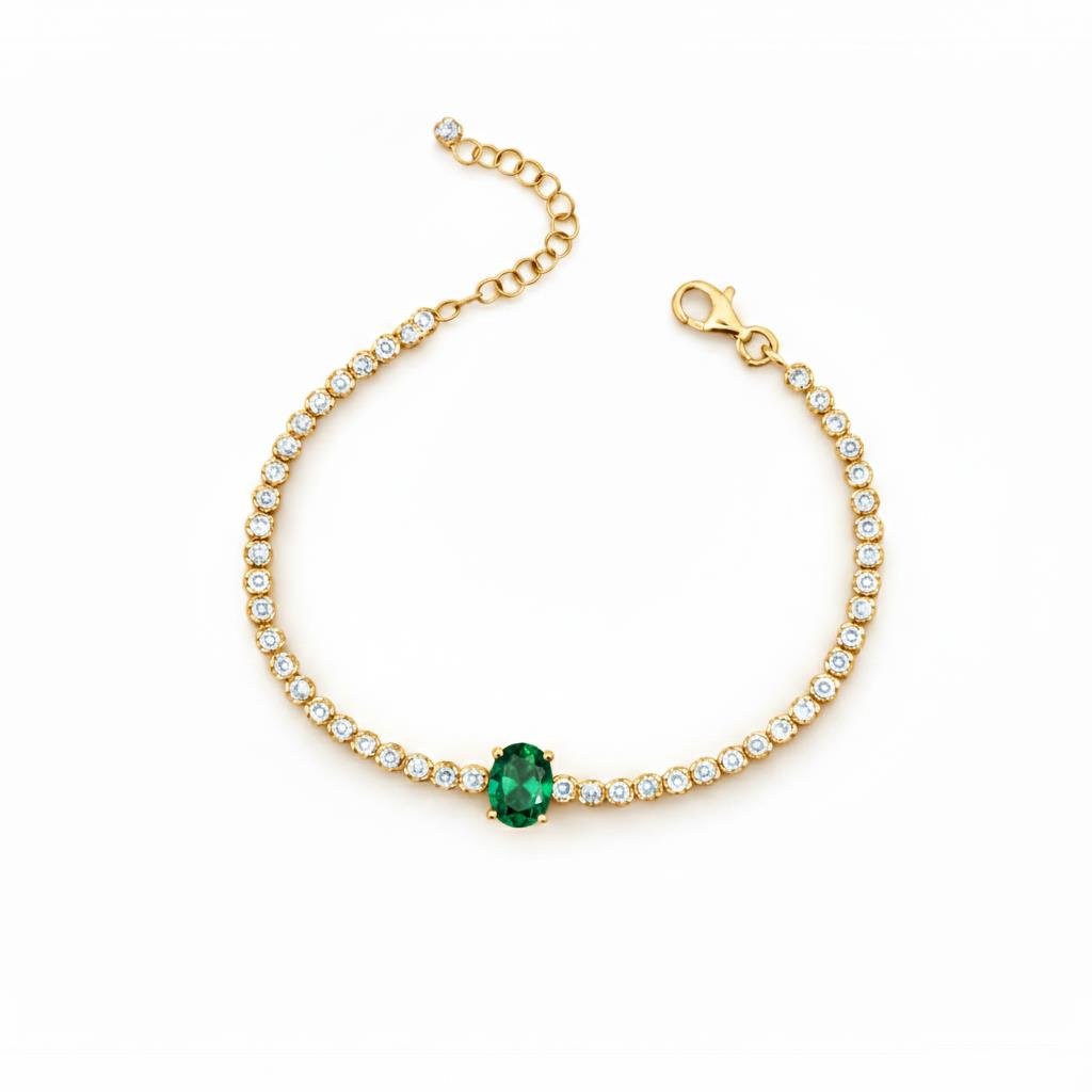 925 Ayar Gümüş Işıltılı Oval Zümrüt Yeşili Taşlı Tenis Bileklik