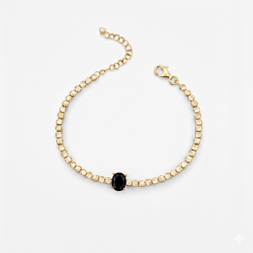 925 Ayar Gümüş Işıltılı Siyah Oval Taşlı Tenis Bileklik