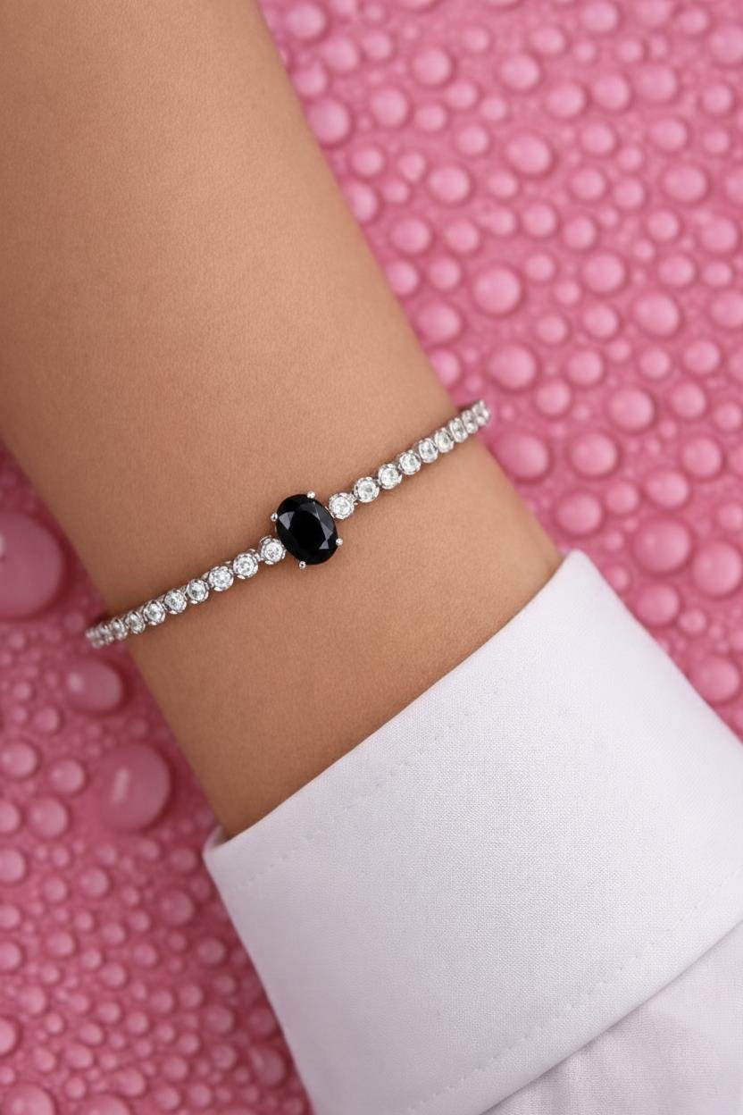 925 Ayar Gümüş Işıltılı Siyah Oval Taşlı Tenis Bileklik