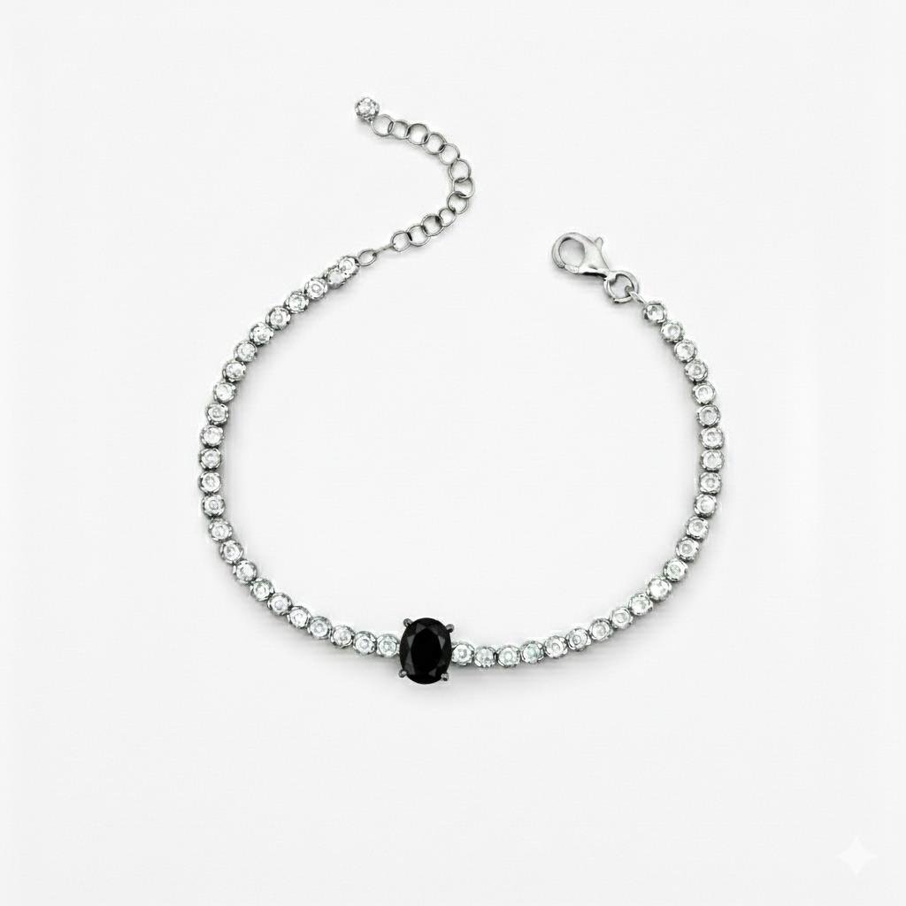 925 Ayar Gümüş Işıltılı Siyah Oval Taşlı Tenis Bileklik