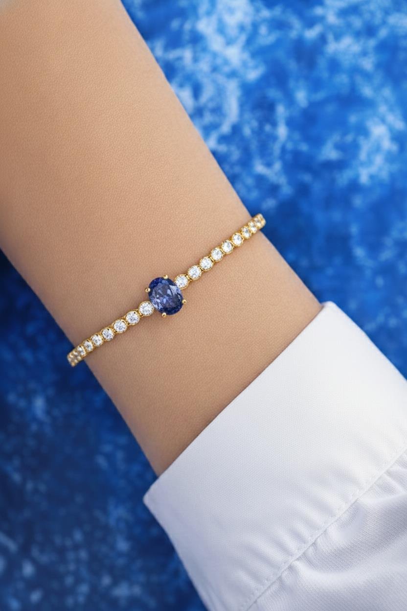 925 Ayar Gümüş Işıltılı Tanzanit Oval Taşlı Tenis Bileklik