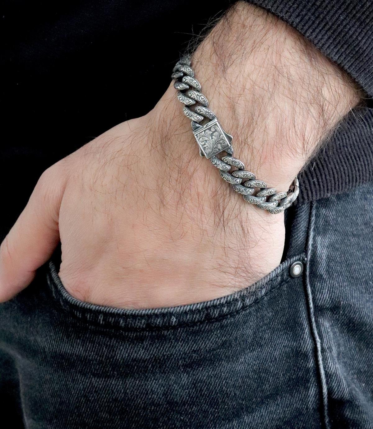 925 Ayar Gümüş Kalmekar İşlemeli Kalın Gurmet Zincir Bileklik