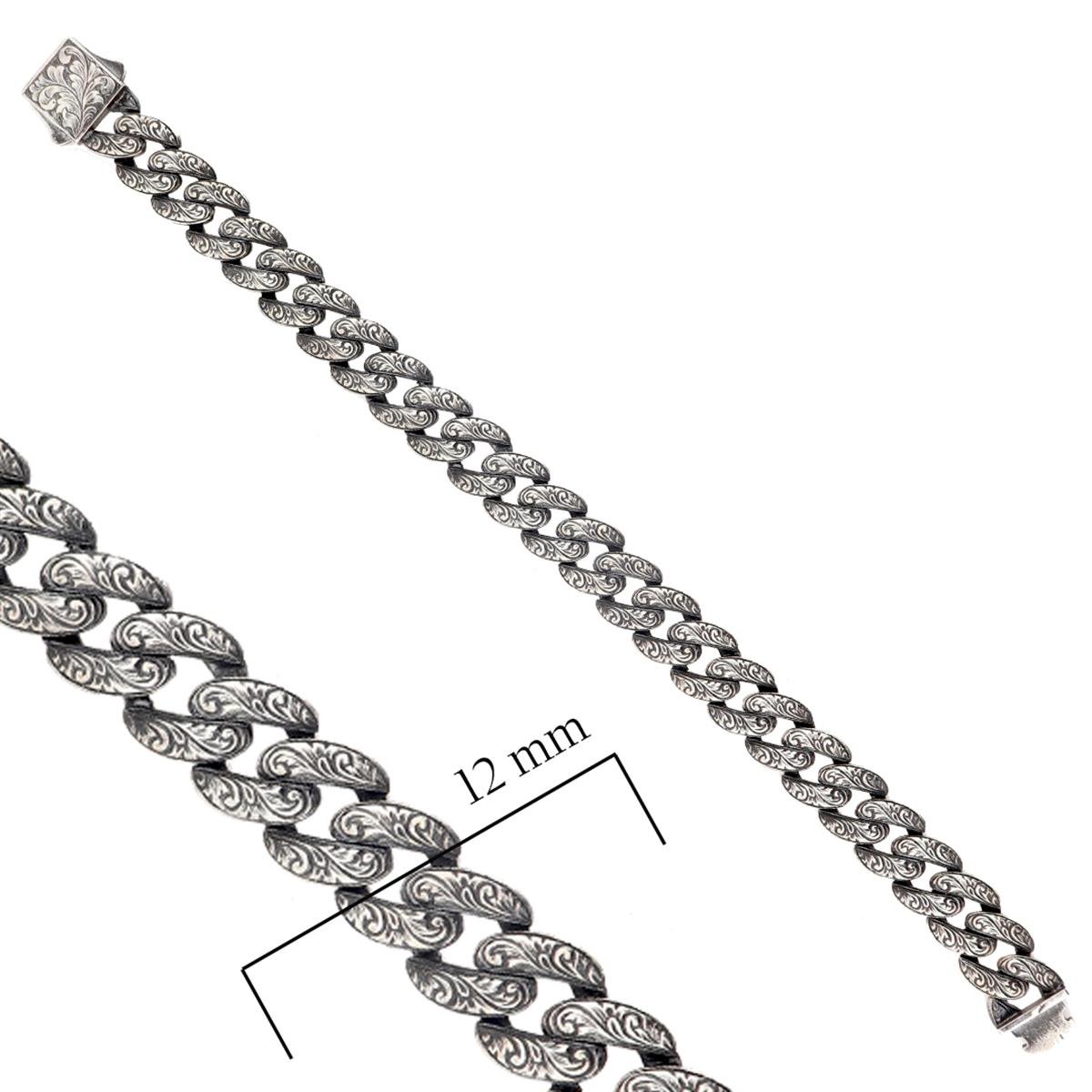 925 Ayar Gümüş Kalmekar İşlemeli Kalın Gurmet Zincir Bileklik