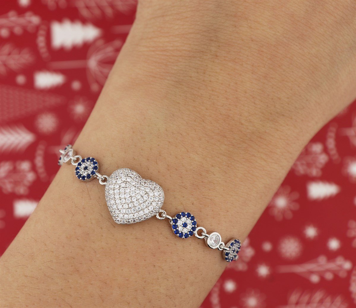 925 Ayar Gümüş Kalp Nazar Detay Asansörlü Bileklik